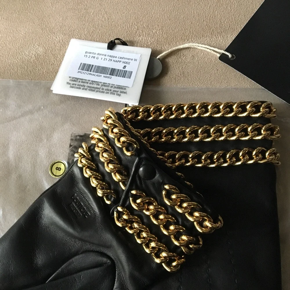 MOSCHINO BOUTIQUE NWT AUTHENTIC RARE GOLD LINK CHAIN BLACK LEATHER SOFT GLOVES